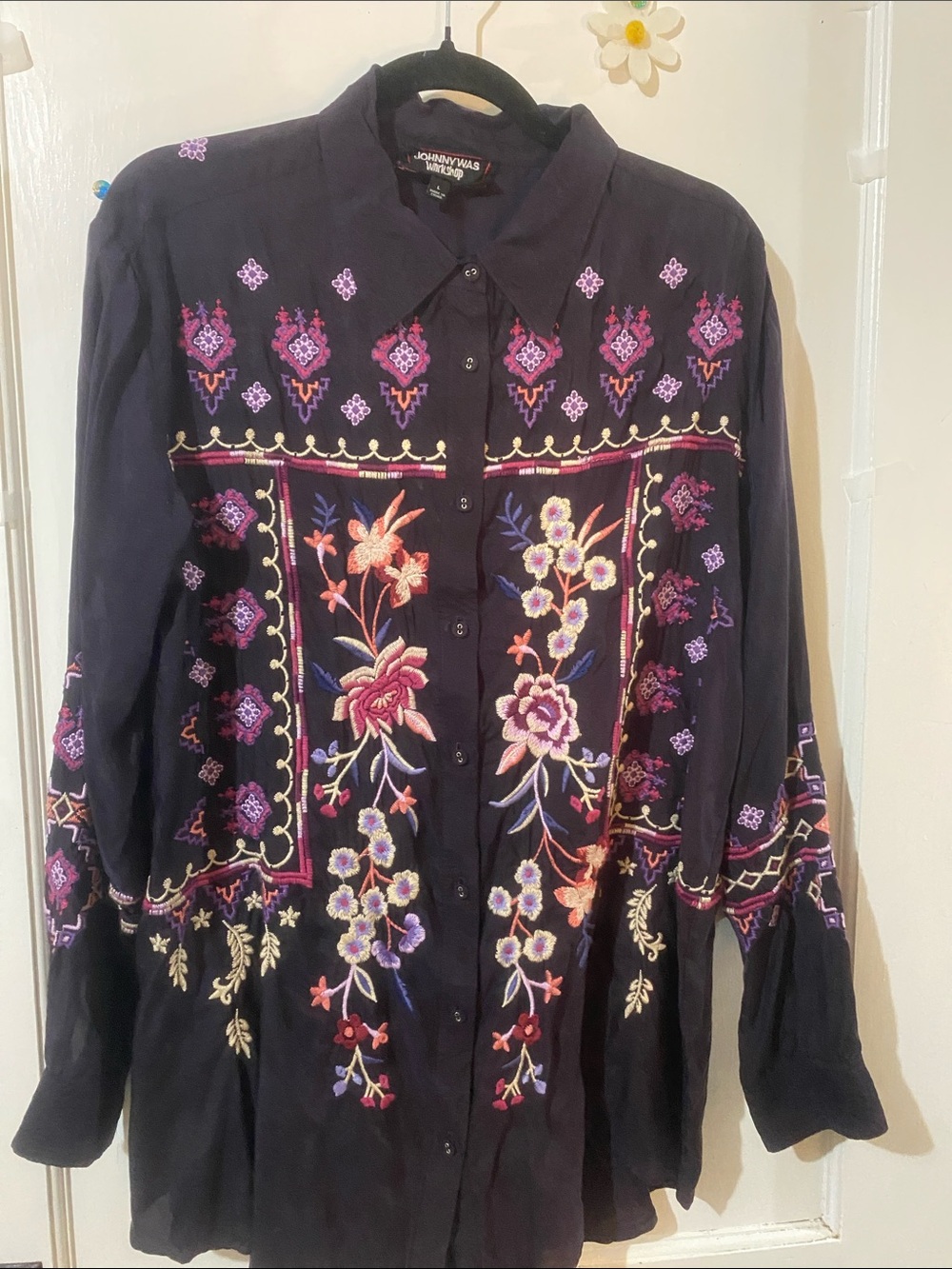 Johnny Was Black Embroidered Floral Button-Front Blouse Jacket
